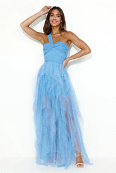 Extravagance Is Me One Shoulder Tulle Maxi Dress Blue